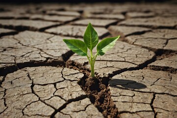 Young Green Plant Growing in Cracked Dry Soil in Arid Environment