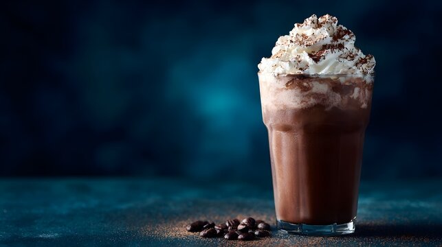 Iced chocolate mocha drink with whipped cream and coffee beans on a dark textured surface