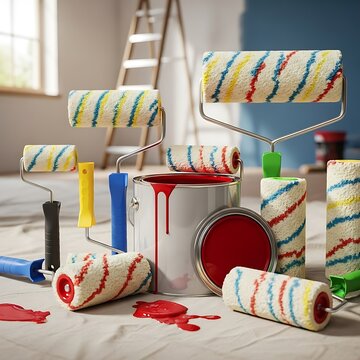 Colorful paint rollers and a can of red paint, ready for an interior home improvement project.