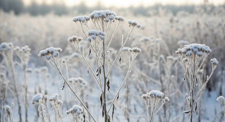 Frost covered plants in a winter meadow during sunrise with soft light