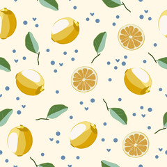 Seamless Lemon Pattern with Cream Background and Soft Blue Dots