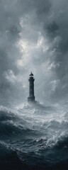 Stormy seas, a solitary lighthouse stands tall against the ominous sky