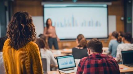 Female instructor presenting data analysis to engaged audience in modern classroom, with students focused on laptops and visual aids enhancing learning experience