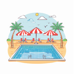Tropical Poolside Relaxation: Red And White Striped Umbrellas, Palm Trees, and Ocean View