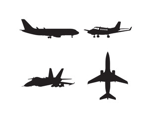 Airplane silhouette vector illustration. Black aircraft shape isolated on white background. Perfect for travel designs, aviation logos, transportation graphics, airport icons, posters, stickers, and f