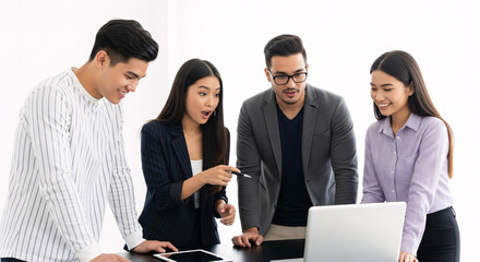 A diverse group of four young professionals collaborating around a laptop in a modern office setting.