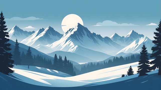 Snowy Mountain Landscape with Pine Trees and Full Moon in Winter Scene