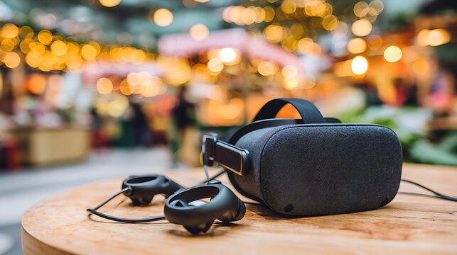 Virtual reality headset and controllers on a wooden table in an outdoor market setting - Powered by Adobe