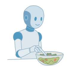 young robot holding a bowl of food. isolated on white background. vector stock