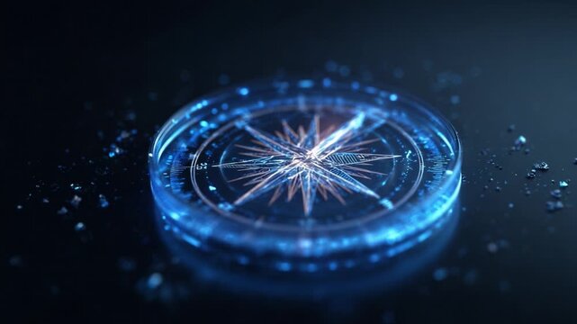 Glowing futuristic compass providing navigational guidance on a dark background. This advanced technology symbolizes direction, strategy, exploration, and finding the right path in business or life