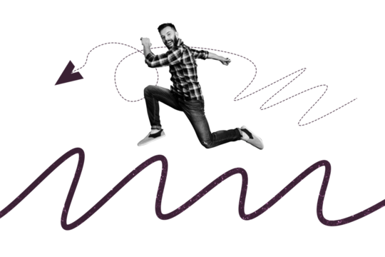 Creative collage picture young man runner achieve goal aim target route path way paper airplane direction indicator move forward