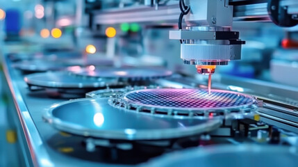 Automated machinery processing silicon wafers in a semiconductor plant