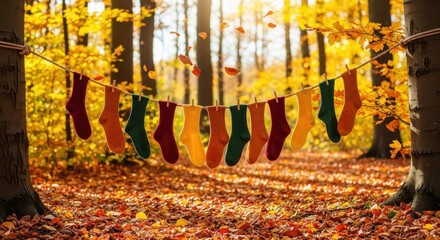 Warm Autumn Socks Drying on a Clothesline Among Colorful Fallen Leaves