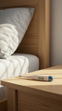 Digital thermometer on bedside table near empty bed in sunlight  