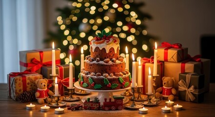 Fototapeta premium Festive Christmas Cake Surrounded by Candles and Gifts Warm Holiday Atmosphere