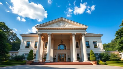 Obraz premium An elegant residence with classical columns, framed by blue skies and lush greenery.