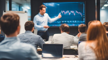 Business professional presenting data analysis to engaged audience in modern conference room, showcasing teamwork and collaboration in a corporate environment with technology