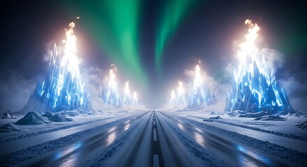 Snowy road with fire and ice mountains Northern lights background Fantasy landscape Digital art