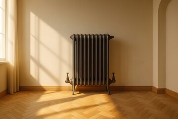 Vintage radiator shining in sunlight with wooden flooring and soft curtains in a cozy room