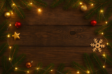 Christmas decorations create a warm and festive atmosphere on wooden background with lights and ornaments