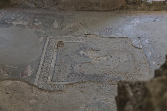 View of ancient mosaic floors, faded and cracked, whispering tales of bygone eras in the heart of Garni, Kotayk Province, Armenia.