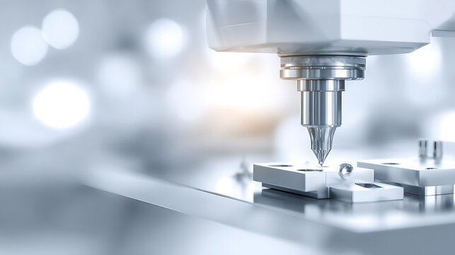 Close-up of a precision machining tool operating on a metal workpiece in a high-tech industrial setting