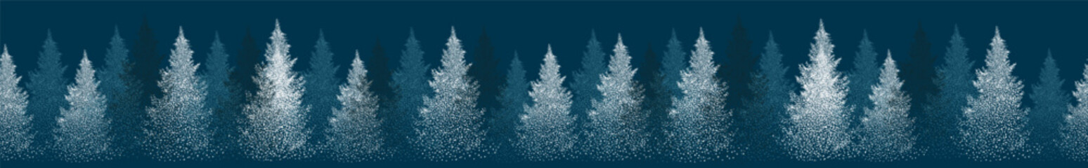 Christmas. Winter horizontal background. Winter Forest background. Christmas trees of dots. Christmas seamless background. hand drawing. Not AI. Vector illustration