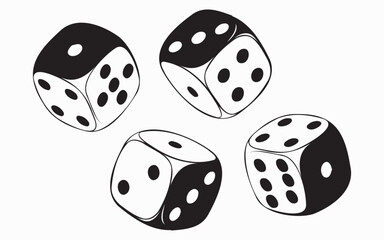 Four hand drawn dice showing different number combinations a white background