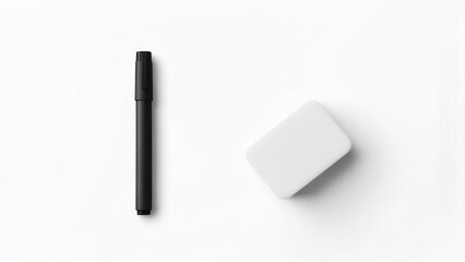 A black marker and a white rectangular eraser on a white background