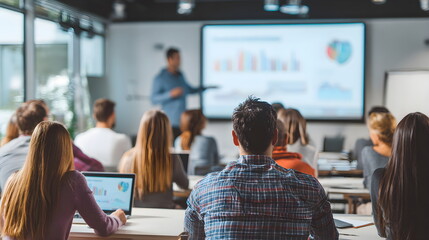 Group of diverse individuals attentively listening to a presentation in a modern conference room, with charts displayed on a large screen, showcasing professional development and teamwork