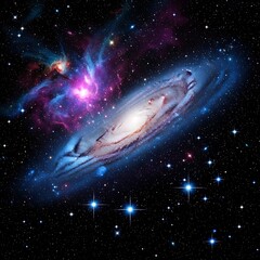 A captivating cosmic expanse showcases a vibrant spiral galaxy amidst swirling nebulae and countless stars.