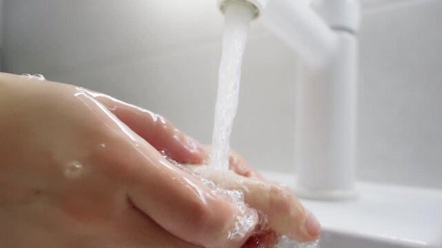 Close-up sequence of hands being thoroughly washed under running tap water at a bathroom sink, highlighting soapy lather, scrubbing, and rinsing for hygiene.