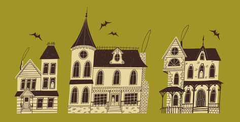 Fototapeta premium Collection of hand drawn vector doodle haunted houses in color for Halloween and horror designs. Spooky vector illustration with ghosts and bats for poster or background on an olive green background.