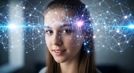 Woman with Neural Network Overlay - Focus and Connectivity.