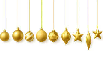 Collection of golden Christmas ornaments hanging in a row for festive decoration during the holiday season