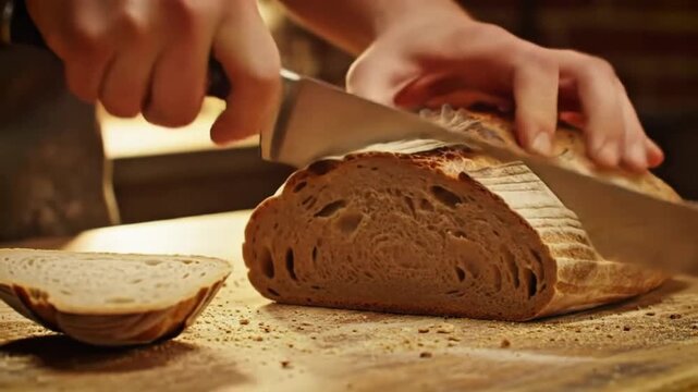 Fresh bread is cut slowly, soft crumbs scattered, the kitchen atmosphere is warm.