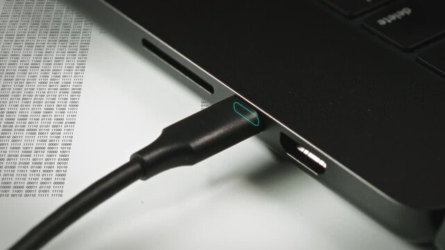 Motion graphics sequence showing USB C cable insertion with data flow visualization. Binary code animations symbolize high-speed digital information transfer through modern interface."