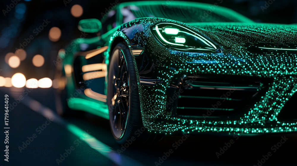 Poster software-defined vehicle driving along glowing digital highway with data streams and holographic ove