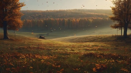 Autumn Landscape with Rolling Hills and Falling Leaves in Warm Colors
