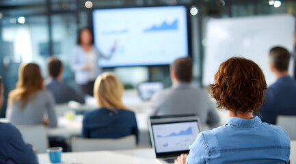 Group of diverse professionals attentively listening to a presentation in a modern office setting, with charts displayed on a screen, fostering collaboration and learning atmosphere