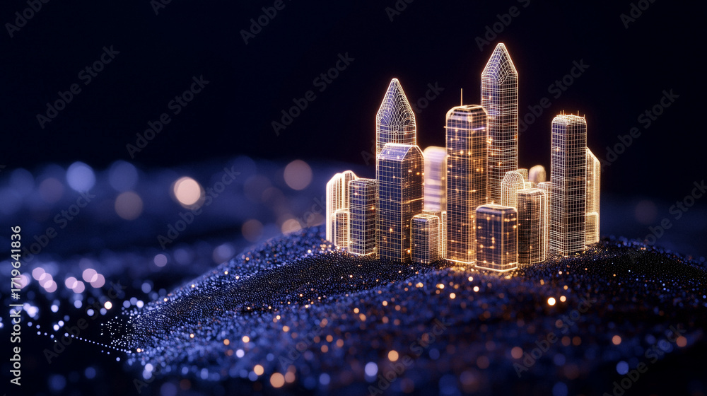Aufkleber wireless smart city rendered in low poly wireframe with digital automation layers, computer chip tex