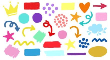 Illustration of colorful hand drawn shapes isolated on transparent background