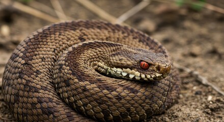 Fototapeta premium Close-up of a coiled brown snake with striking red eyes on the ground