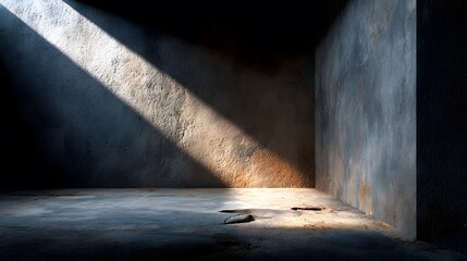 Abstract, minimalist architectural photo of an empty concrete room. Strong sunlight creates a sharp, diagonal line of shadow across the wall.