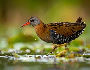 A bird walks on water lilies