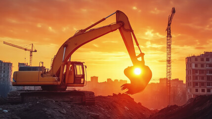 Excavator on earthworks. Excavator on construction site on sunset