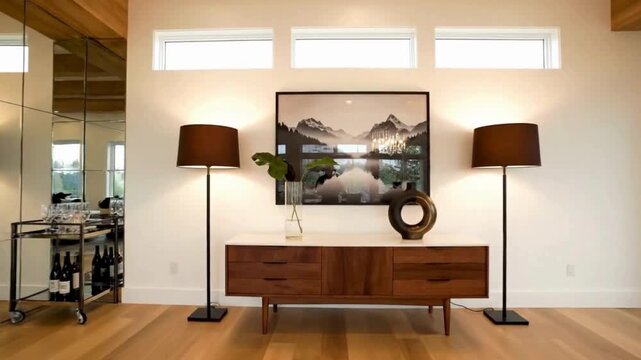 Modern interior walkthrough of a stylish dining and living area, capturing the elegance of minimalist design with warm, natural accents. 
