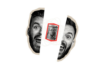 Obraz na płótnie Canvas Composite trend artwork sketch image photo collage of young man divided half sad face headache tired scream line money profit roll dollar