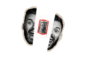 Composite trend artwork sketch image photo collage of young man divided half sad face headache tired scream line money profit roll dollar