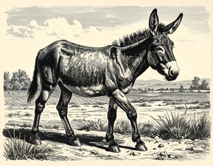 A black and white illustration of a donkey